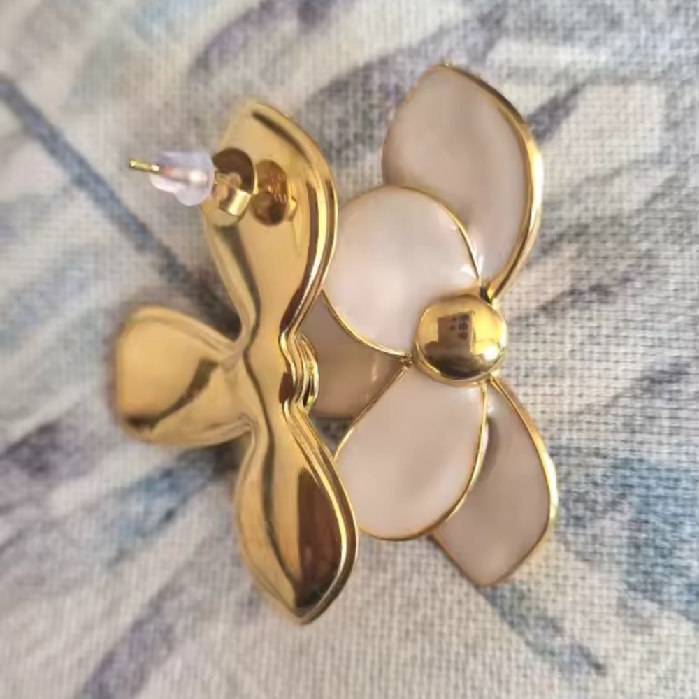 Romantic Petal Cream Flower Stud Earrings – Gold Trim Statement Earrings - Picture 8 of 11